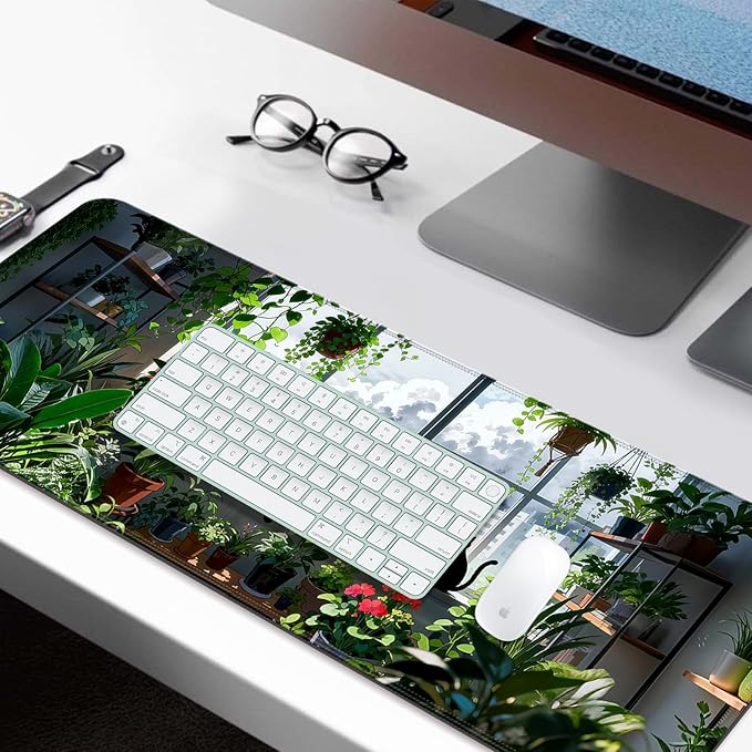 Japanese Anime Cute Cat XL Large Desk Mat, Extended Long Green Plant Desk Pad for Gaming and Office, Non-Slip Rubber Base, Comfortable Surface Kawaii Mouse Pad, 31.5x11.8 in (H13)