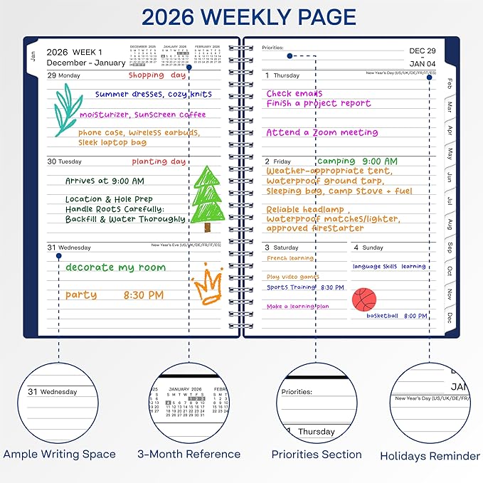 2026 Planner, Weekly ＆ Monthly Planner 2026, Jan 2026 – Dec 2026, 6.2" x 8.42", Flexible Cover, 12 Monthly Tabs, Thick Paper, Spiral Wirebound, Inner Pocket, A5, Blue