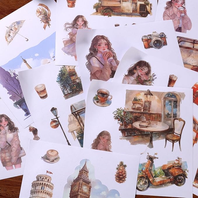 50 Sheets Vintage Aesthetic Scrapbook Stickers 200 Pre-Cut Washi Stickers People Girl Sticker City Landscape Sticker Scrapbooking Supplies