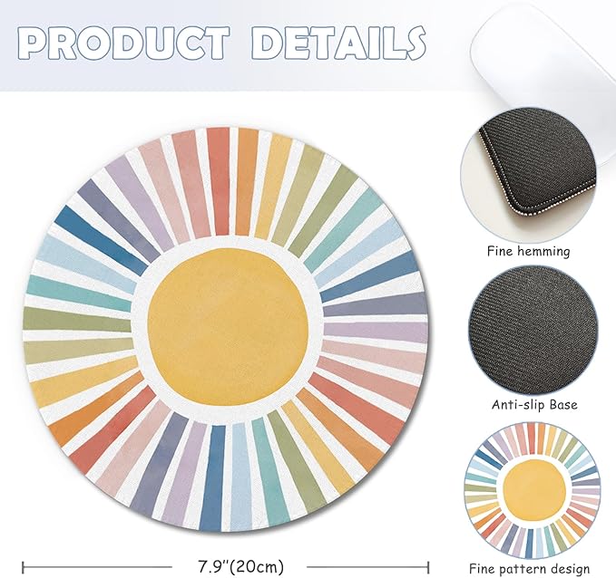 Boho Colorful Rainbow Sun Mouse Pad, Cute Rainbow Sunshine Mouse Pads Mousepad for Desk Home Office Dorm Computers Laptop, Boho Office Supplies Desk Accessories, 7.9x7.9 Inch