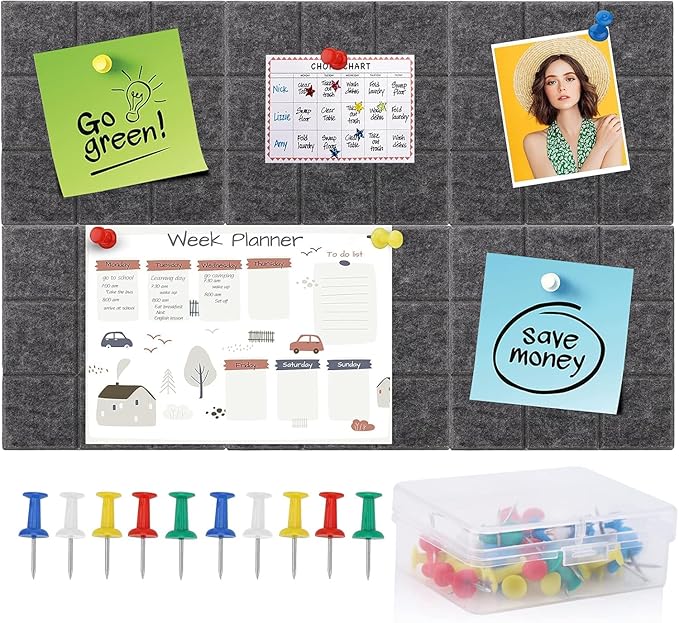 Cork Board for Walls 36" x 24", 6 Pack Felt Bulletin Board Wall Tiles with 30 Push Pins for Home Kitchen School Office Wall DIY Decorative