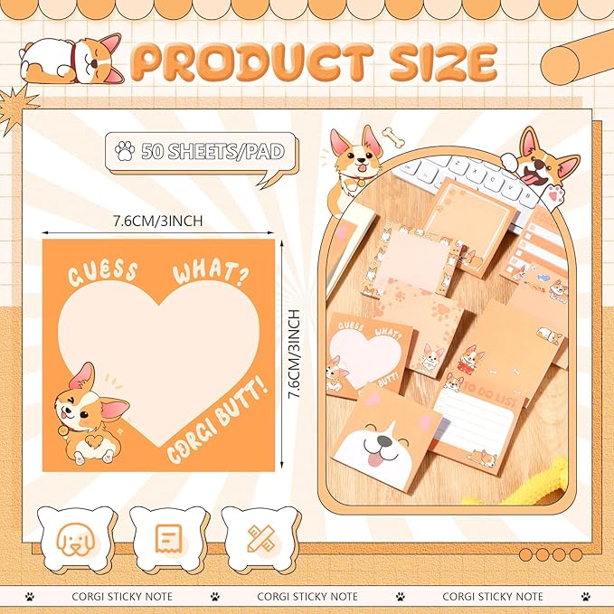 9 Pads Corgi Sticky Notes 3x3 Inch Cute Self Stick Notepads Notes Adhesive Memo Pad Office Decor Gifts for Students School Teacher Meeting Office Supplies
