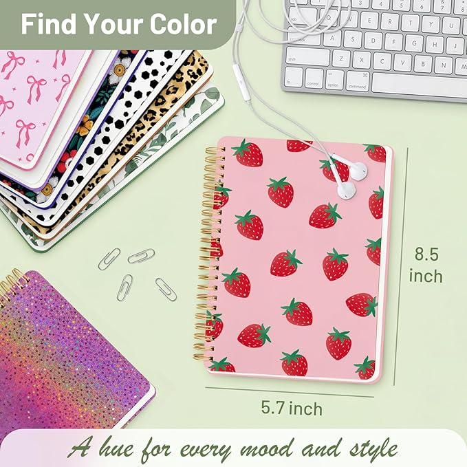 Stanoha Cute Spiral Notebook A5 Journal for Women Girls Kawaii Aesthetic Pretty Floral Design with Pocket, 8.5 x 5.7 inch, Graph, Strawberry