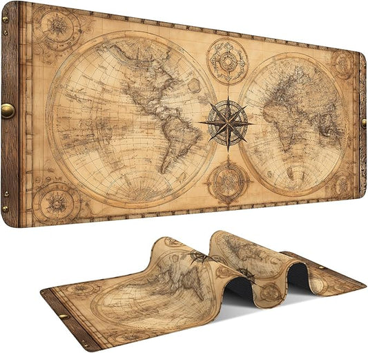 Vintage World Map Extended Gaming Mouse Pad 35.4 x 15.7 Inch – Retro Desk Mat for Gaming, Office Work, and Study, with Non-Slip Rubber Base