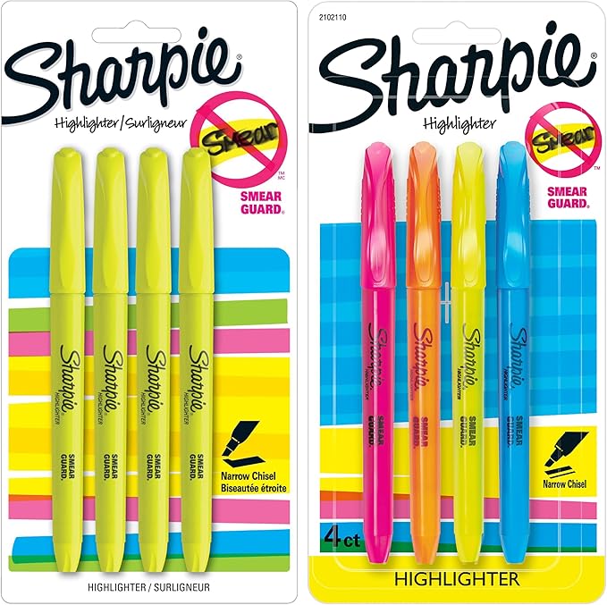 Sharpie Pocket Style Highlighters, Narrow Chisel Tip, Assorted Fluorescent Colors, 8 Count