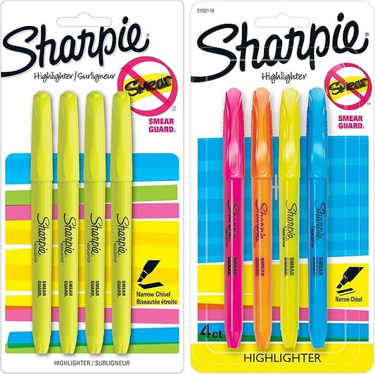Sharpie Pocket Style Highlighters, Narrow Chisel Tip, Assorted Fluorescent Colors, 8 Count
