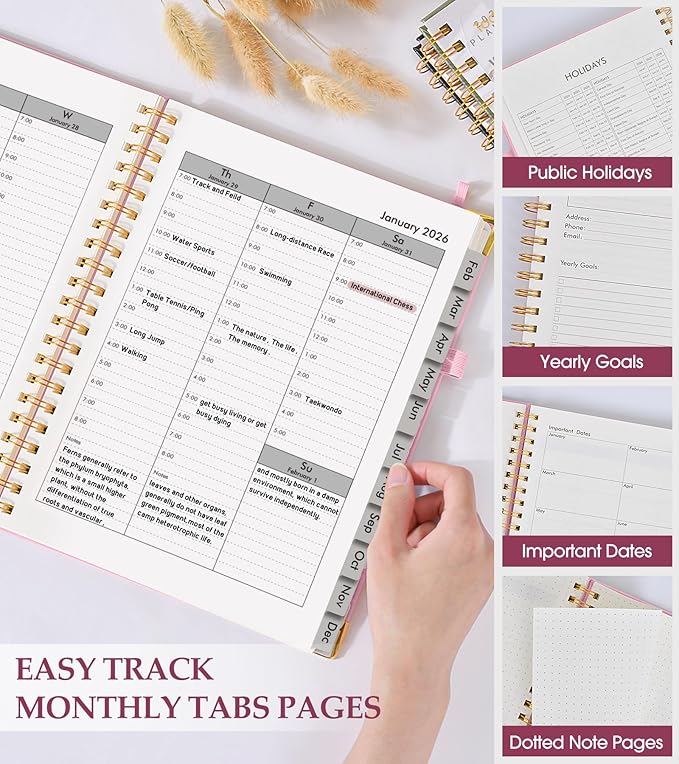 2026 Planner, Weekly and Monthly Calendar Planner from January 2026 - December 2026, 5.75" x 8.38" Hardcover Leather Hourly Appointment Book with Tabs, A5 Spiral Daily Planners for College School Work Home, Light Pink