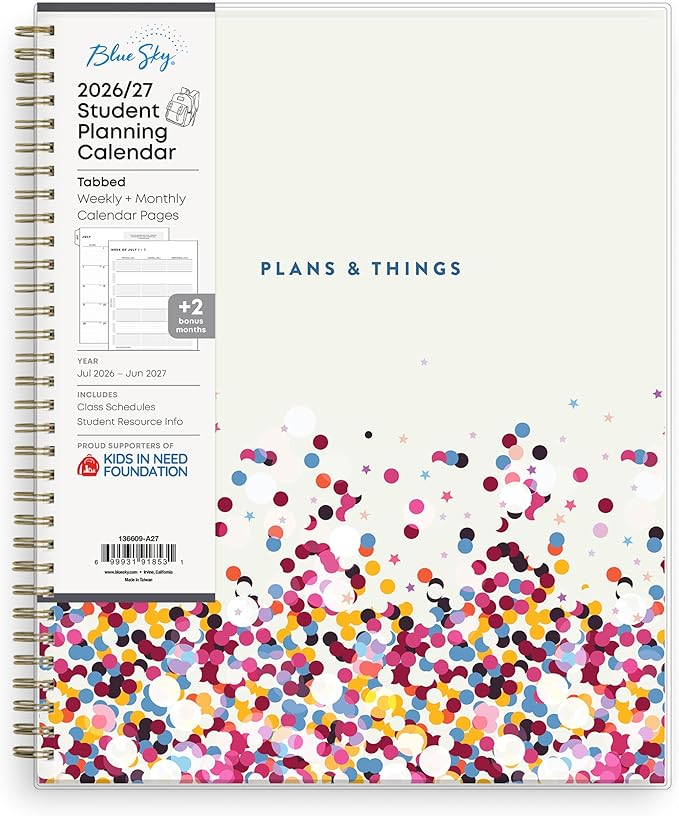Blue Sky 2026-2027 Weekly and Monthly Academic Year Student Planner Calendar, July 2026 - June 2027, 8.5" x 11", Flexible Cover, Wirebound, Laminated Tabs, Storage Pocket, Star Confetti Bright
