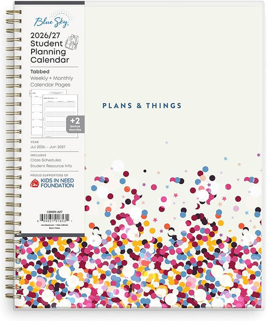 Blue Sky 2026-2027 Weekly and Monthly Academic Year Student Planner Calendar, July 2026 - June 2027, 8.5" x 11", Flexible Cover, Wirebound, Laminated Tabs, Storage Pocket, Star Confetti Bright