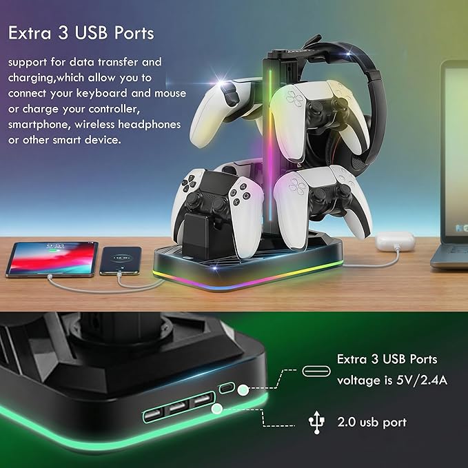 PS5 Controller Charger with Headphone Stand, RGB PS5 Controller Charging Station Dock with 3 USB Ports, Headset and Controllers Holder Stand for PlayStation 5 & DualSense Edge Controllers