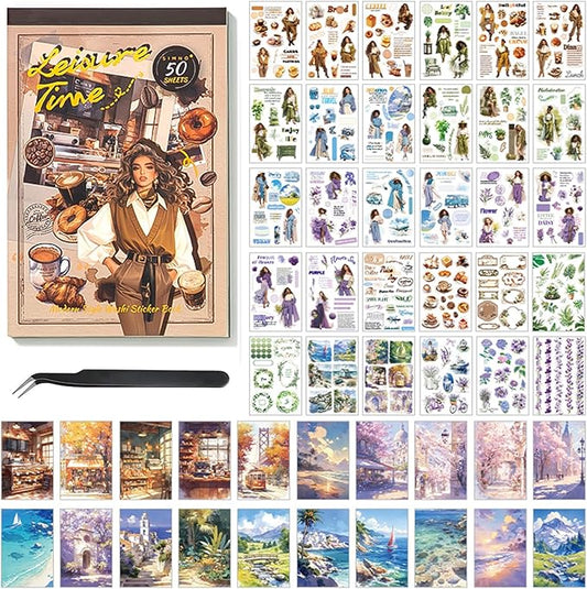 Vintage Washi Stickers for Scrapbooking, People Sticker Book for Journaling with 453PCS Scrapbook Stickers 20 Sheets Scrapbook Papers, Ephemera for Junk Journal Supplies DIY Crafts Arts Frame Album