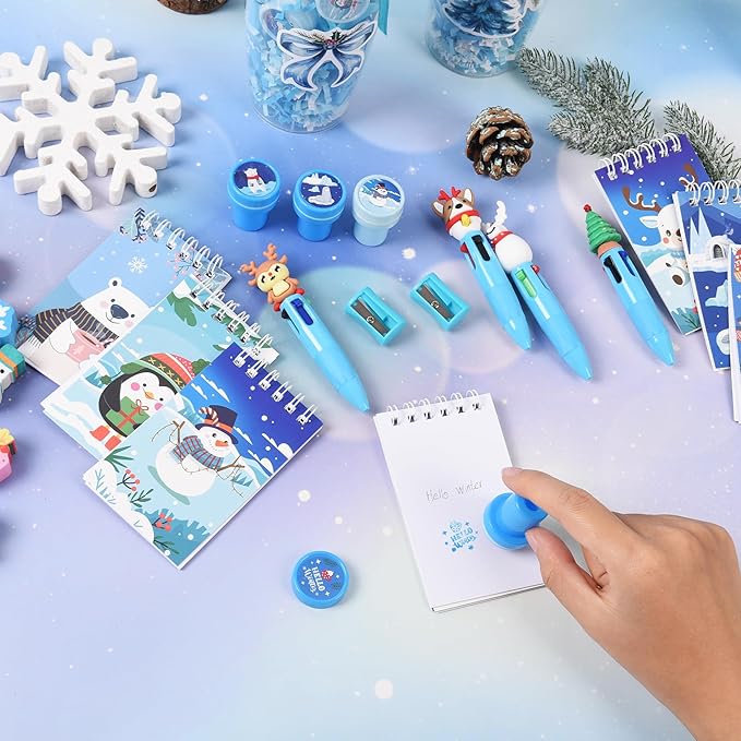 LiYiQ 247 Pcs Winter Party Favors Return Gifts for Party, Student Stationery Gifts from Teacher, Pencil Erasers Notebooks Stickers for Classroom Birthday Goodie Bags Rewards Prizes