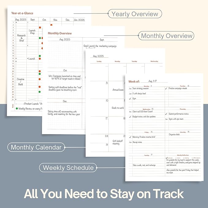 Undated Weekly Planner, 8.5x11” – Dashboard Layout with Yearly Review, Monthly Calendars, & Weekly To Do List, Spiral Bound Organizer for Work, Study & Life (Black)