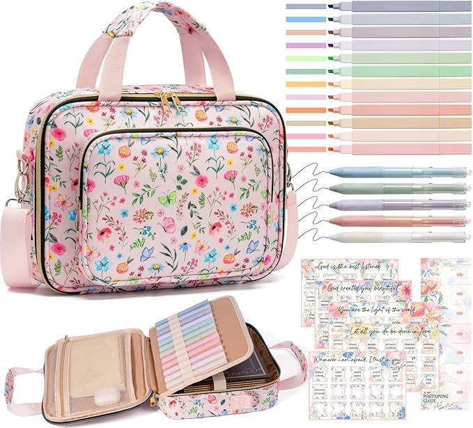 Bible Cover Case for Women, Large Bible Bag w/Shoulder Strap, Bible Study Supplies Journaling Kit Pink Book Carrying Case with Pastel Highlighter Tabs, Valentines Day Christian Gifts for Women Her Mom