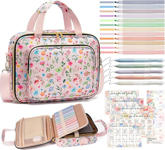 Bible Cover Case for Women, Large Bible Bag w/Shoulder Strap, Bible Study Supplies Journaling Kit Pink Book Carrying Case with Pastel Highlighter Tabs, Valentines Day Christian Gifts for Women Her Mom