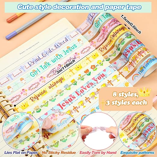Janlaugh 24 Rolls Christian Washi Tape for Bible Journaling Gifts Bulk Religious Inspirational Scripture Supplies Cute Floral Bible Verse Washi Tape for Study Crafting Spring Easter Gifts Favors