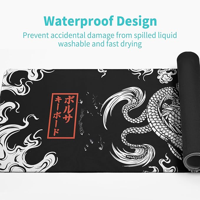 Black and White Mouse Pad Extra Large Gaming Mousepad Dragon Desk Mats Japanese Full Keyboard Mat Computer Pad Desk Mat with Stitched Edges Non-Slip Desktop 31.5 x11.8 in
