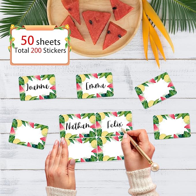 200PCS Summer Name Stickers, Summer Tropical Name Tags Stickers Palm Leaf Watermelon Lemon Name Labels for Classroom Office Cubby Locker Clothes Hawaiian Aloha Luau Party, 2x3 inch