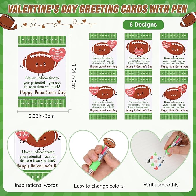 Colarr 24 Set Football Valentines Gifts Multicolor Pens with Positive Cards for Valentines Day Party Favors Classroom Prizes Students Football Team Goodie Bags Stuffers 4 in 1 Ballpoint Pens