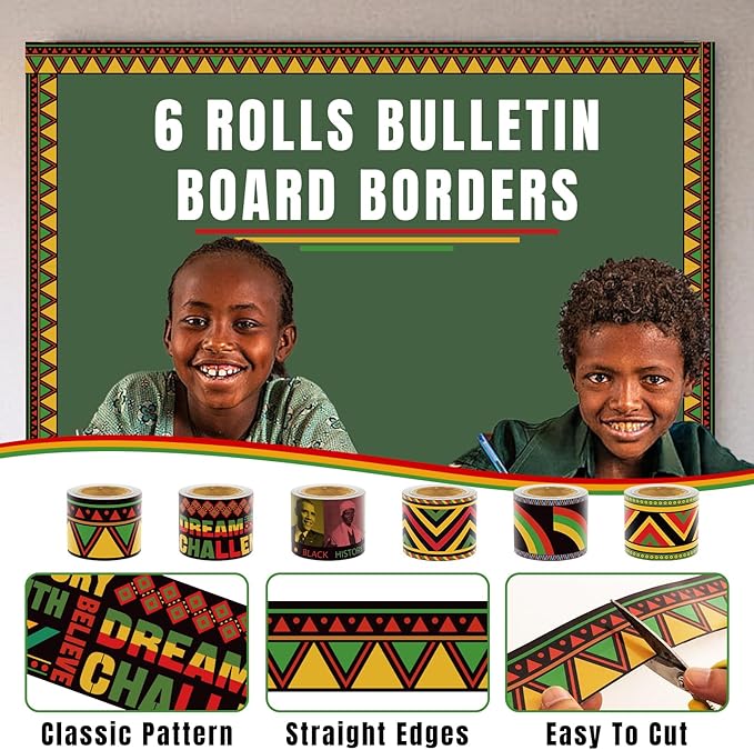 6 Rolls 206.69ft Bulletin Board Decorations Bulletin Board Borders Roll for Classroom Scalloped Trim School Borders for Back to school Theme Classroom Office Decor Supplies(Black History Month)