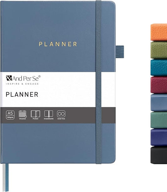 And Per Se Undated Planner – A5 Leather Hardcover Weekly & Monthly Goal Planner for 72 Weeks (1.5 Years) – with Goal & Habit Tracker (Dark Blue)
