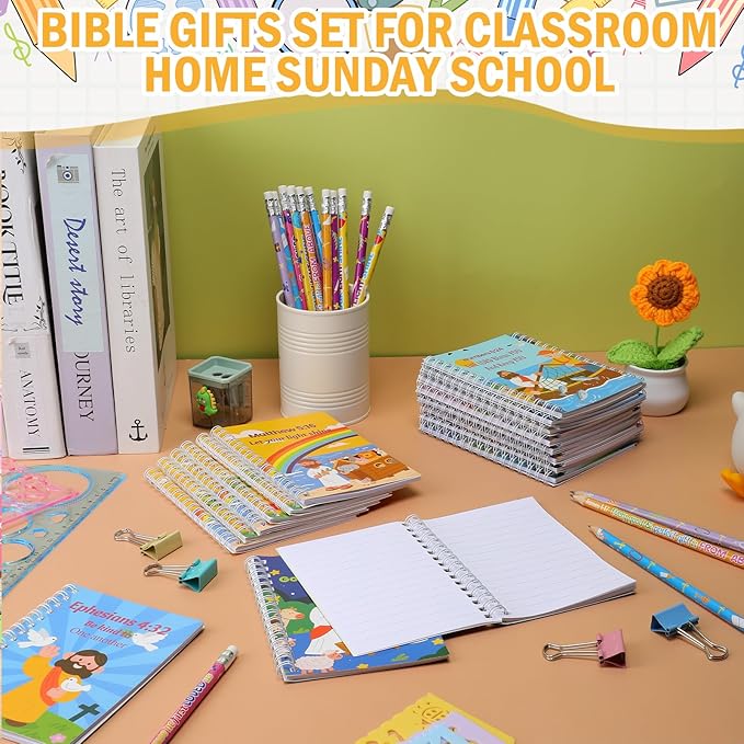 Crtiin Easter 48 Pcs Include 24 Bible Verse Notepad 24 Pencils Kids Christian Church Gifts Students Classroom Award Religious Notebook Bible Pencils Prayer Pocket School(Colorful Cross 2,Eclectic)