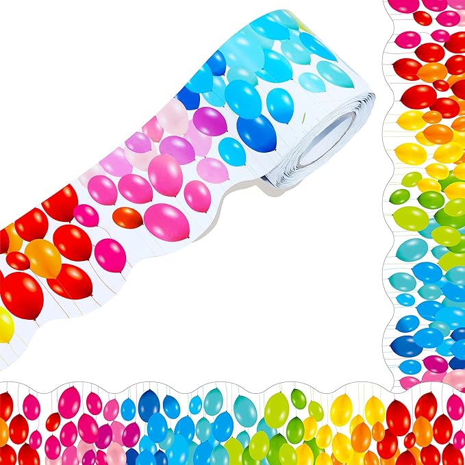 60 Feet Bulletin Board Borders, Color Balloons Pattern Scalloped Rolled Border Trim for School, Classroom & Offices