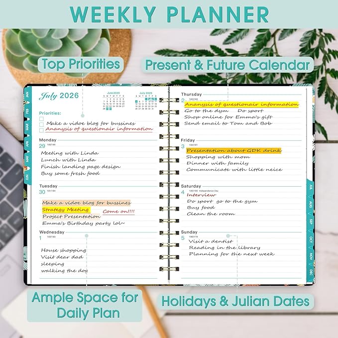 Ymumuda 2026 Planner, Daily Weekly and Monthly Planner，Jan 2026 - Dec 2026, 8.4" x 6.3", 2026 Calendar Planner Book with Tabs, Spiral Notebook with Inner Pocket for Office Home School Supplies