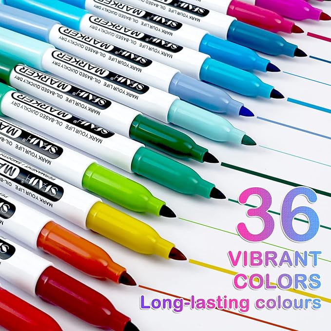 SFAIH Permanent Markers - 36 Vibrant Colors, Quick Drying, Fade Resistant, Alcohol-Based Fine Tip Permanent Markers for Paper, Plastic, Wood, Coloring, Drawing Doodling, Waterproof