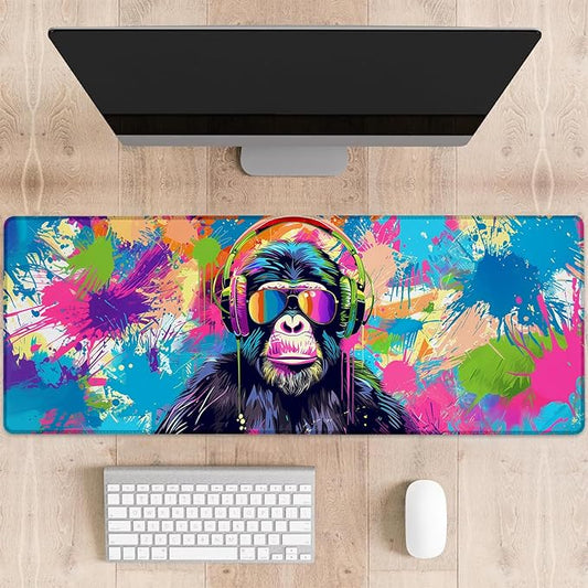 Colorful Monkey Gaming Mouse Pad, Cool Graffiti Chimp Large Desk Mat for Computer, Extended Keyboard Laptop Mouse Pads 31.5×11.8in, Non Slip Rubber Mousepad for Office Decor Gifts
