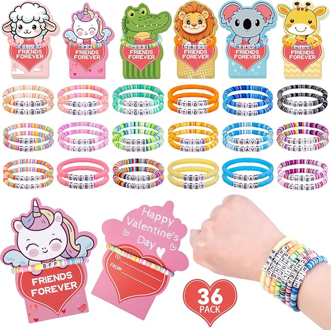 CZWZ 36 Pack Valentine's Day Cards for Kids School Bulk, 18 Styles Friendship Bead Bracelets with Class Valentines Day Gifts Animal Design Valentines Cards for Kids Classroom