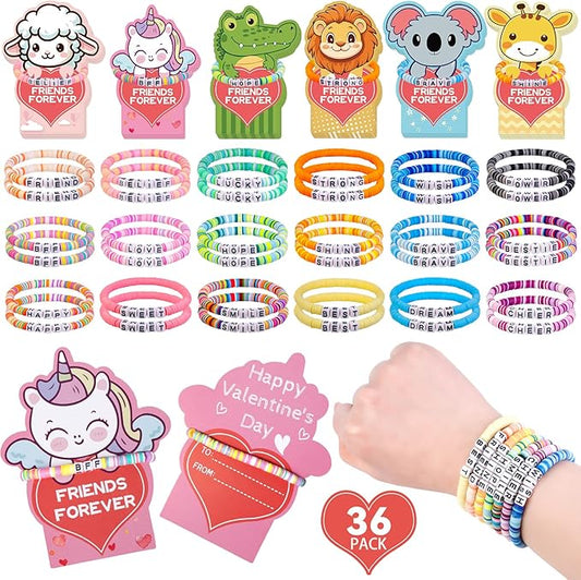 CZWZ 36 Pack Valentine's Day Cards for Kids School Bulk, 18 Styles Friendship Bead Bracelets with Class Valentines Day Gifts Animal Design Valentines Cards for Kids Classroom