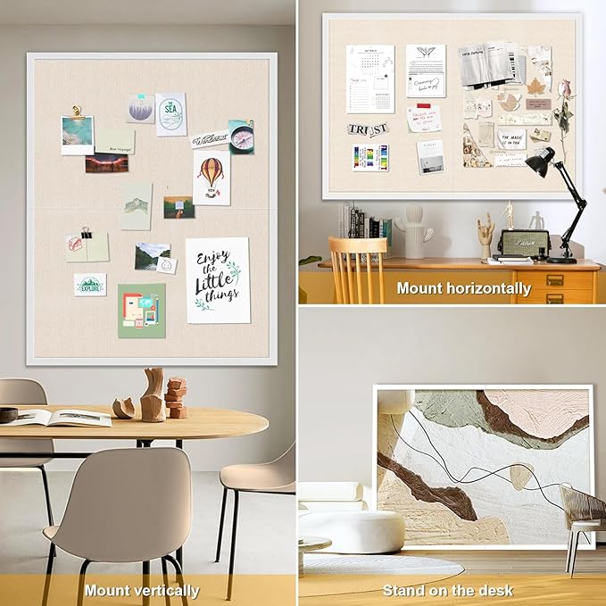Miratino Large Bulletin Board 48x36 inch with Linen Cork Boards Wall Decor Hanging Pin Wood Framed Display Bulletin Cork Photo Picture Board Light for Room School Office 30-Pushpin White