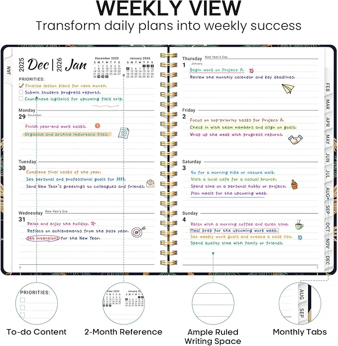 2026 Planner, Weekly and Monthly Calendar Planner Book, January 2026 - December 2026, Hardcover Spiral Planner with Monthly Tabs, Notes Pages, Perfect for Women & Men, A5 (6.4" x 8.5") - Cranes