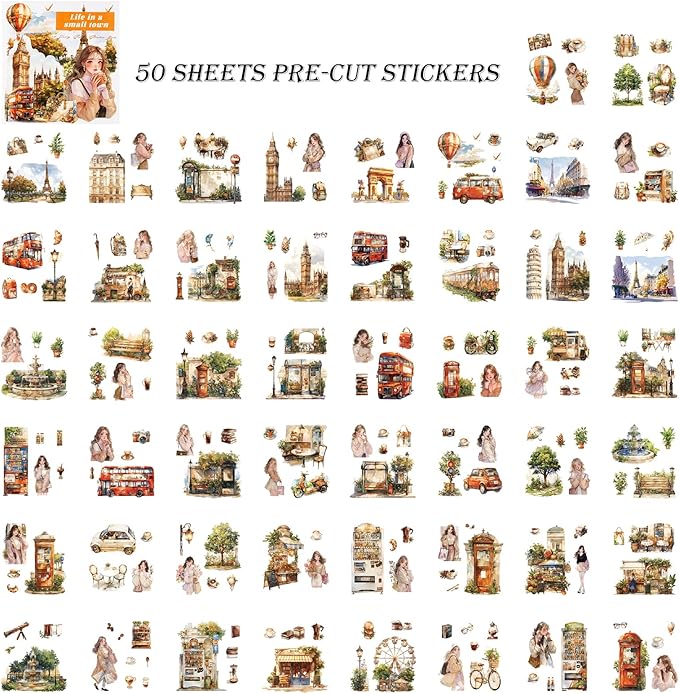 50 Sheets Vintage Aesthetic Scrapbook Stickers 200 Pre-Cut Washi Stickers People Girl Sticker City Landscape Sticker Scrapbooking Supplies