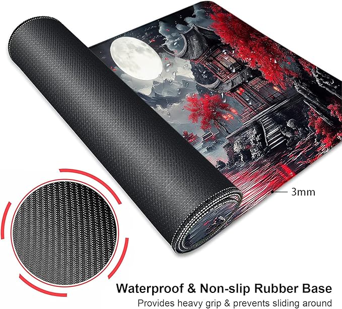 Japanese Mountain Red Full Moon Landscape Large Mouse Pad, Desk Mat Computer Keyboard Pad Non-Slip Rubber Base Waterproof with Stitched Edges for Laptop Gaming, Office & Home 31.5 x 11.8 Inch