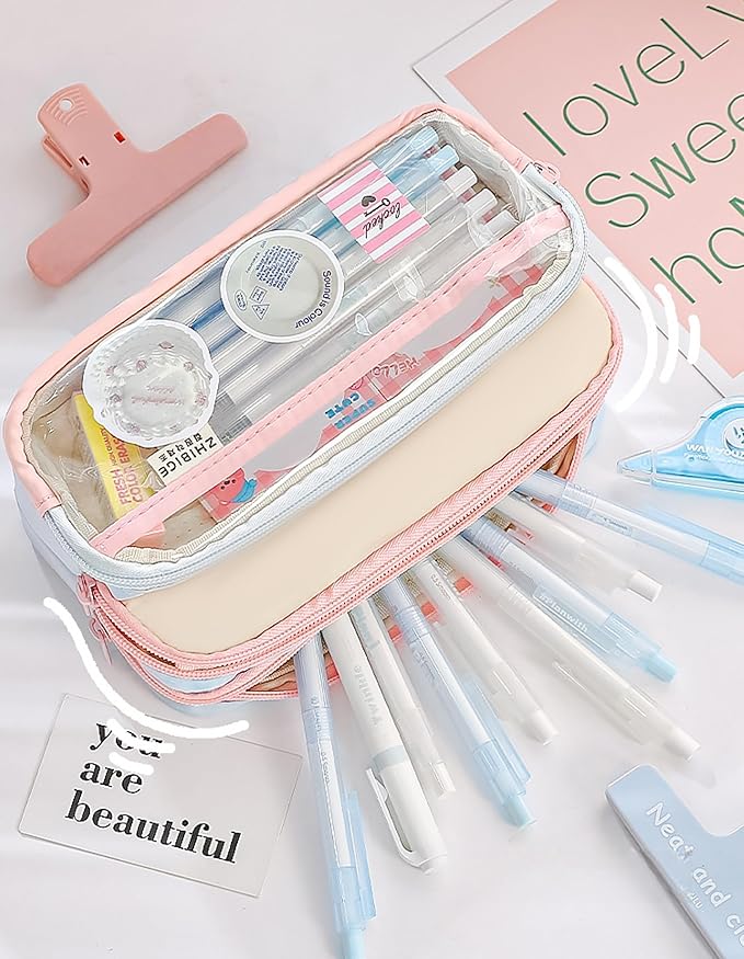 4-Layer Transparent Large Capacity Pencil Case - Ins Aesthetic Japanese Style Makeup & Supplies Organizer Pouch (Brown)