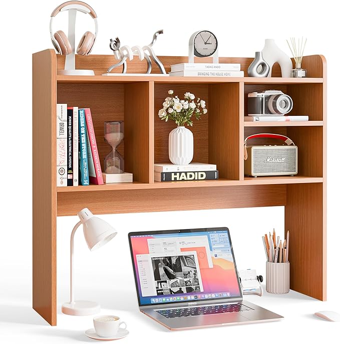 Nova Microdermabrasion Wooden Desktop Bookshelf with 6 Shelves–3-Tier Desk Organizer Hutch for Computer Desk, Home or Office (Natural)