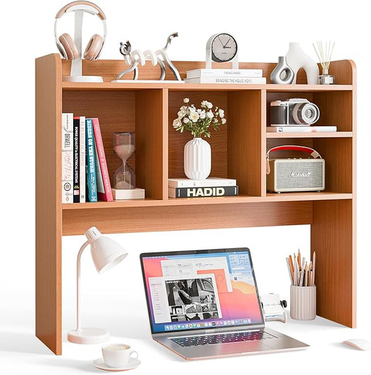 Nova Microdermabrasion Wooden Desktop Bookshelf with 6 Shelves–3-Tier Desk Organizer Hutch for Computer Desk, Home or Office (Natural)