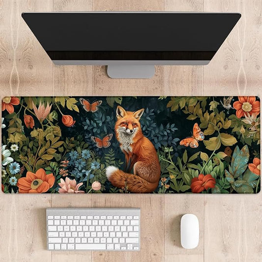 Elegant Fox Gaming Mouse Pad, Fox with Flowers and Butterflies Large Desk Mat for Computer, Extended Keyboard Laptop Mouse Pads 31.5×11.8in, Non Slip Rubber Mousepad for Office Decor Gifts