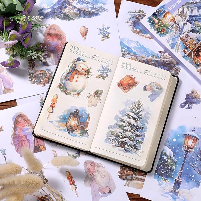 50 Sheets Winter Stickers for Scrapbooking 200 Pre-Cut Washi Stickers Winter Scrapbook Scrapbooking Supplies Collage Decorative DIY Arts Craft Making