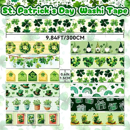 St. Patrick's Day Washi Tape Set, 12 Rolls Green Themed Decorative Tape Shamrocks Lucky Masking Tape for Journaling Supplies, Junk Journal, Scrapbooking, DIY Arts & Crafts, Gift Wrapping