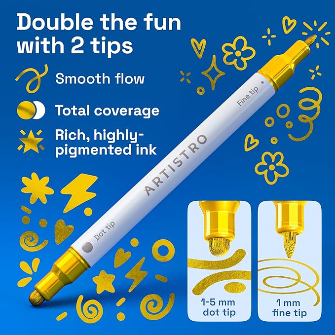 ARTISTRO 12 Gold Acrylic Paint Markers for Rock, Fabric, Wood, Glass, Decoration - Dual-Tip Paint Pens for Coloring Books for Adults, Teens, Kids - Art and Craft Supplies Kit - Gift Idea