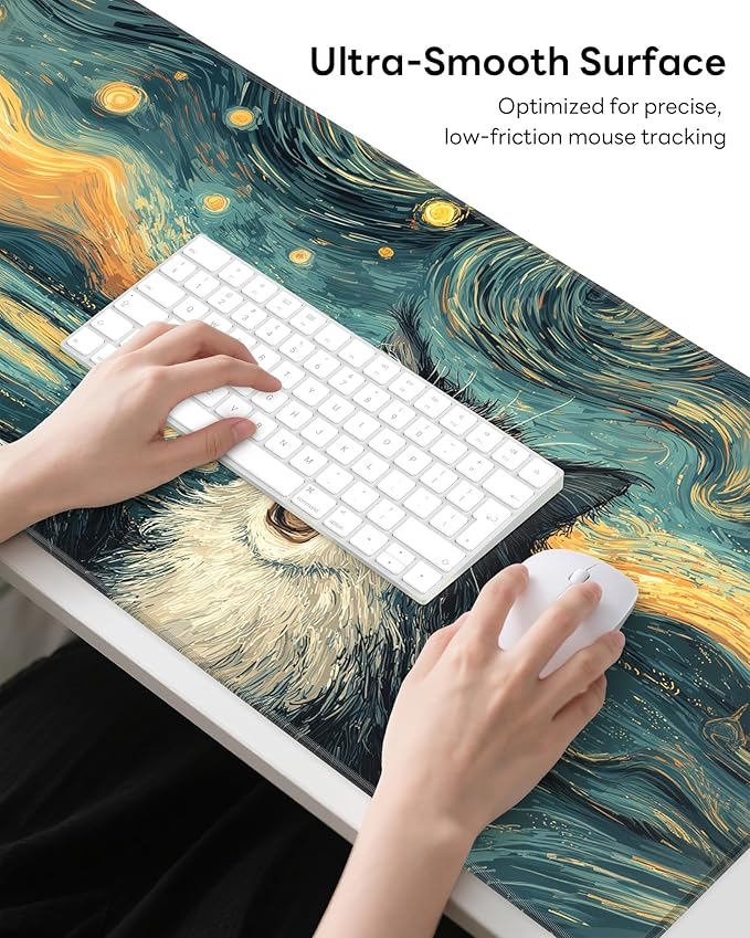 XL Gaming Mouse Pad, 31.5x17.5'' Large Desk Mat with Anti-Slip Rubber Base & Stitched Edges for Gaming, Office, Home - Shocked Cat
