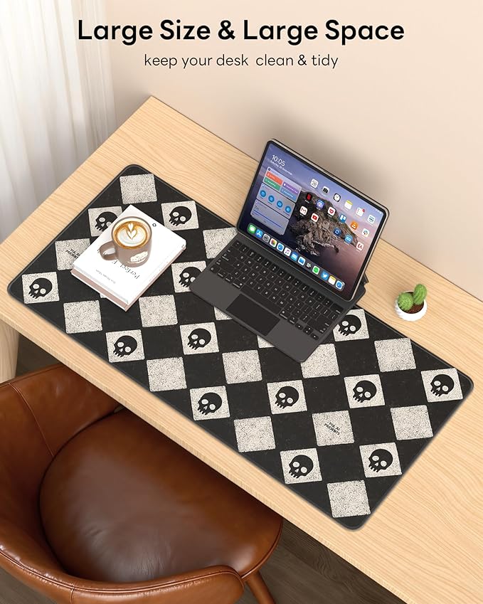 XL Gaming Mouse Pad, 31.5x17.5'' Large Desk Mat with Anti-Slip Rubber Base & Stitched Edges for Gaming, Office, Home - Cute Skulls