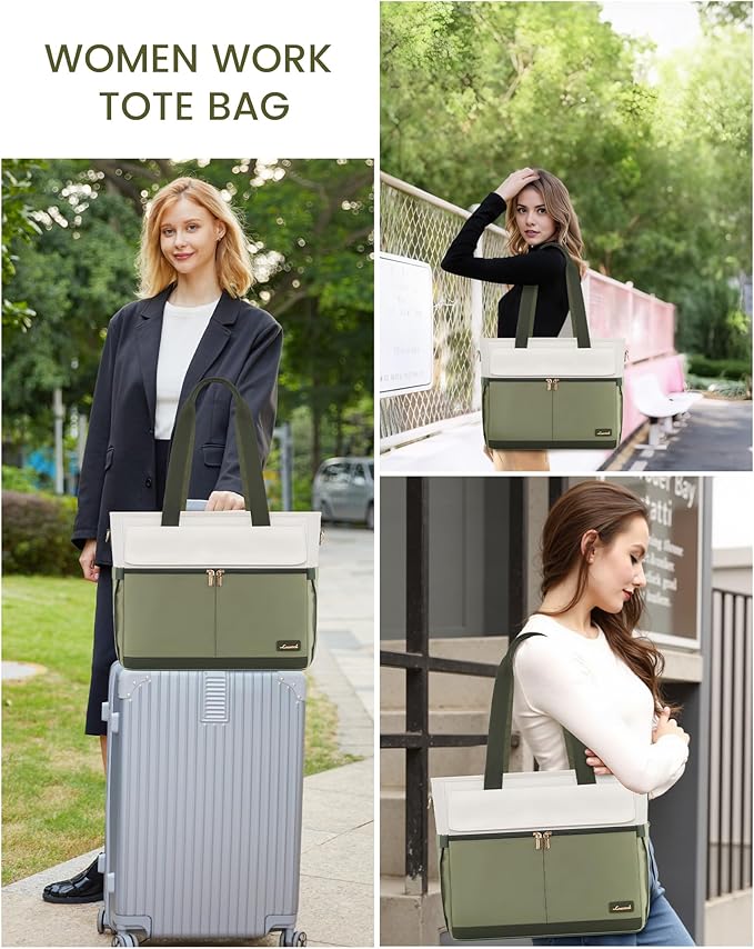 LOVEVOOK Laptop Bag for Women 15.6 Inch Canvas Laptop Large Capacity Work Bags Mutiple Pockets Teacher Bag Water Resistant Computer Bags for Business Travel Nurse, Green Beige