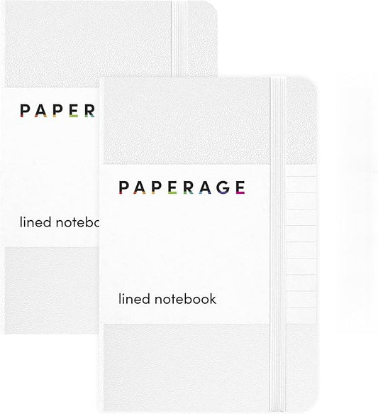 PAPERAGE Lined Pocket Journal Notebook, 2 Pack, (White), 160 Pages, Small Notebook, 3.6 inches x 5.6 inches - 100 GSM Thick Paper, Hardcover