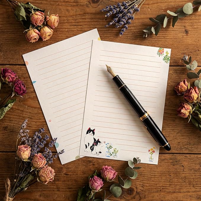 Cute Cat Stationery Set 12 PCS Vintage Letter Paper Writing Kit Personalized Stationary Paper and 6PCS Envelopes Set for Women,Pen Pal Supplies Business Papers Handwriting Holiday Greetings