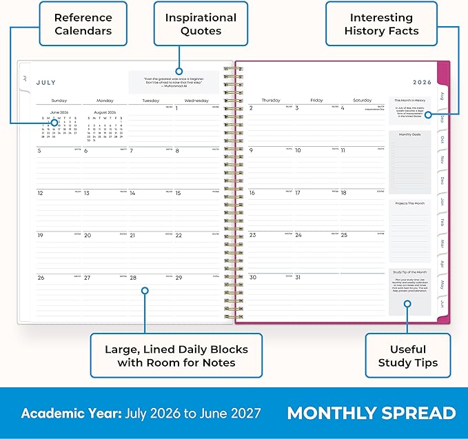 Blue Sky 2026-2027 Weekly and Monthly Academic Year Student Planner Calendar, July 2026 - June 2027, 8.5" x 11", Flexible Cover, Wirebound, Laminated Tabs, Storage Pocket, Star Confetti Bright