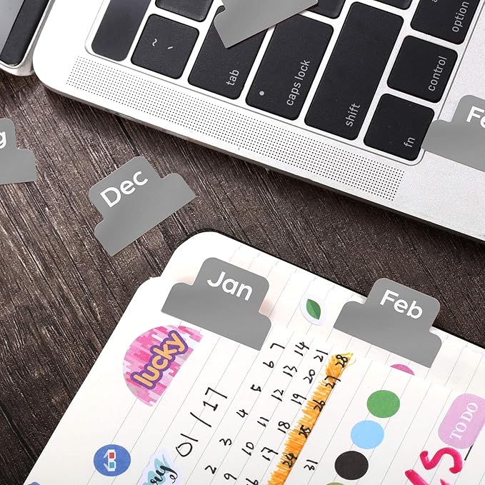 Outus 24 Pieces Monthly Adhesive Tabs for Planner - Designer Accessories Monthly Tabs Stickers Decorative for Office Planners Organizations Sturdy Notebook Planners Journal(Grey)
